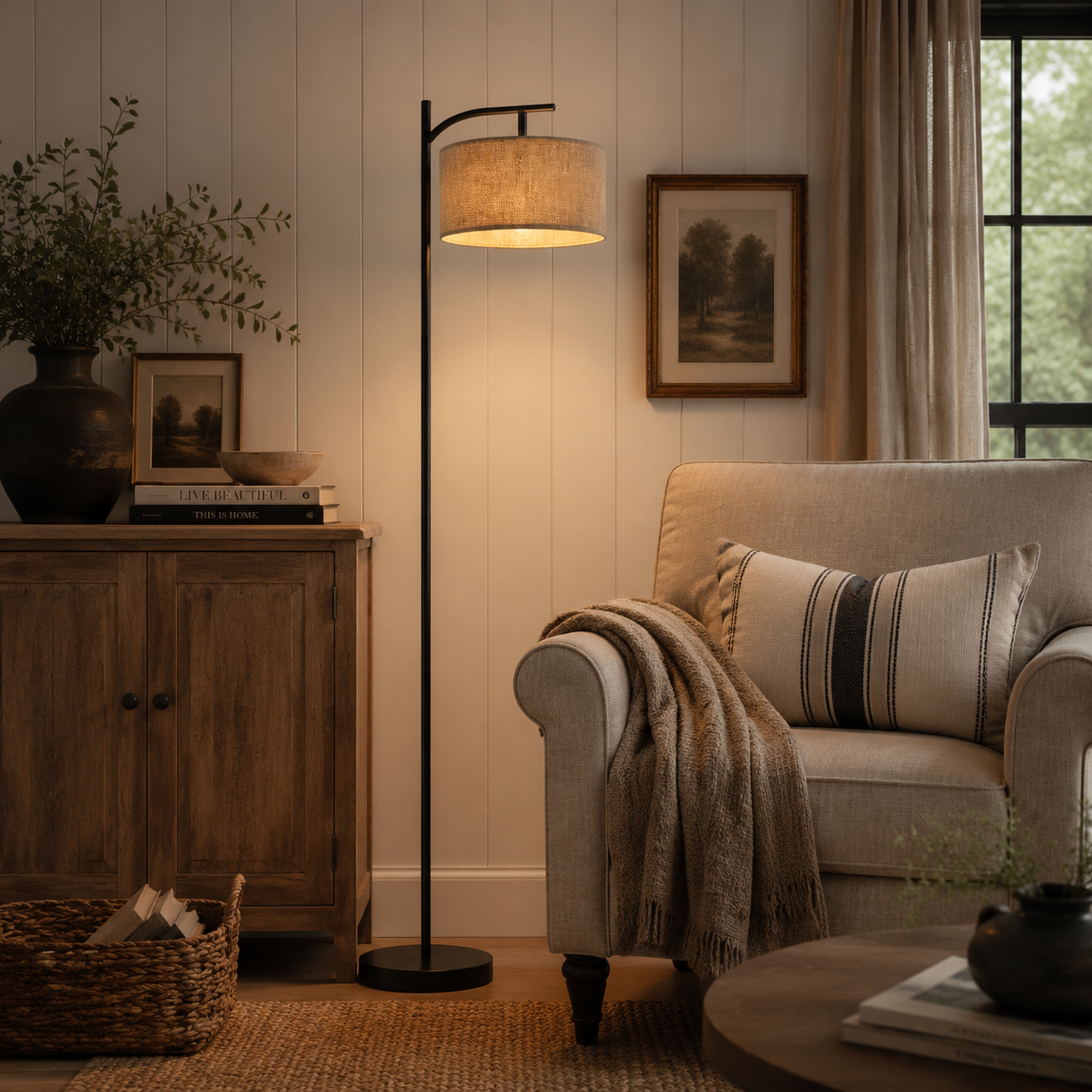 Black Floor Lamp with Natural Woven Shade