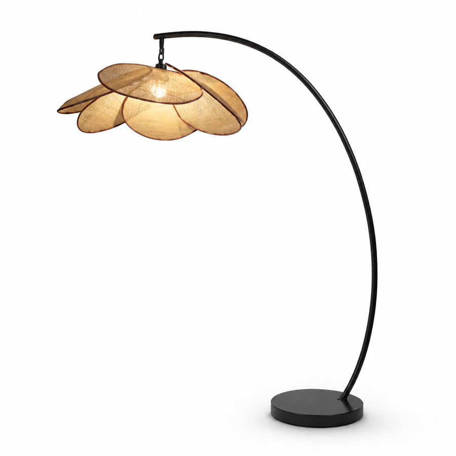 Black Arc Floor Lamp with Rattan Petal Shade