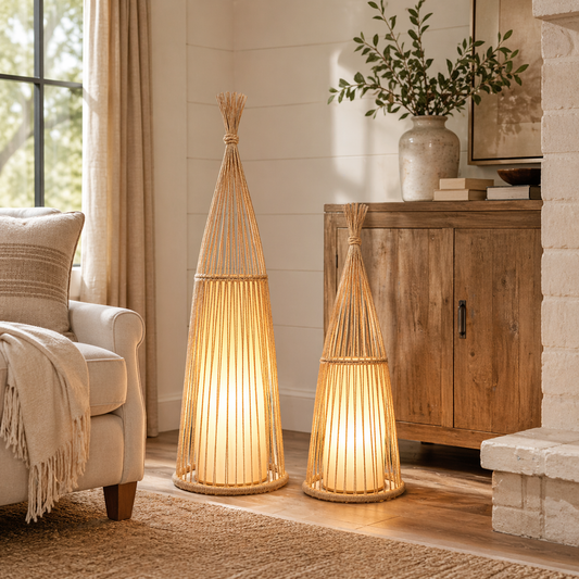Bamboo Tower Floor Lamp with Faux Shearling Shade (2 Heights)