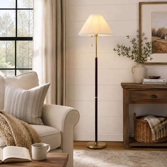 Pleated Shade Brass & Walnut Floor Lamp