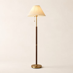 Pleated Shade Brass & Walnut Floor Lamp