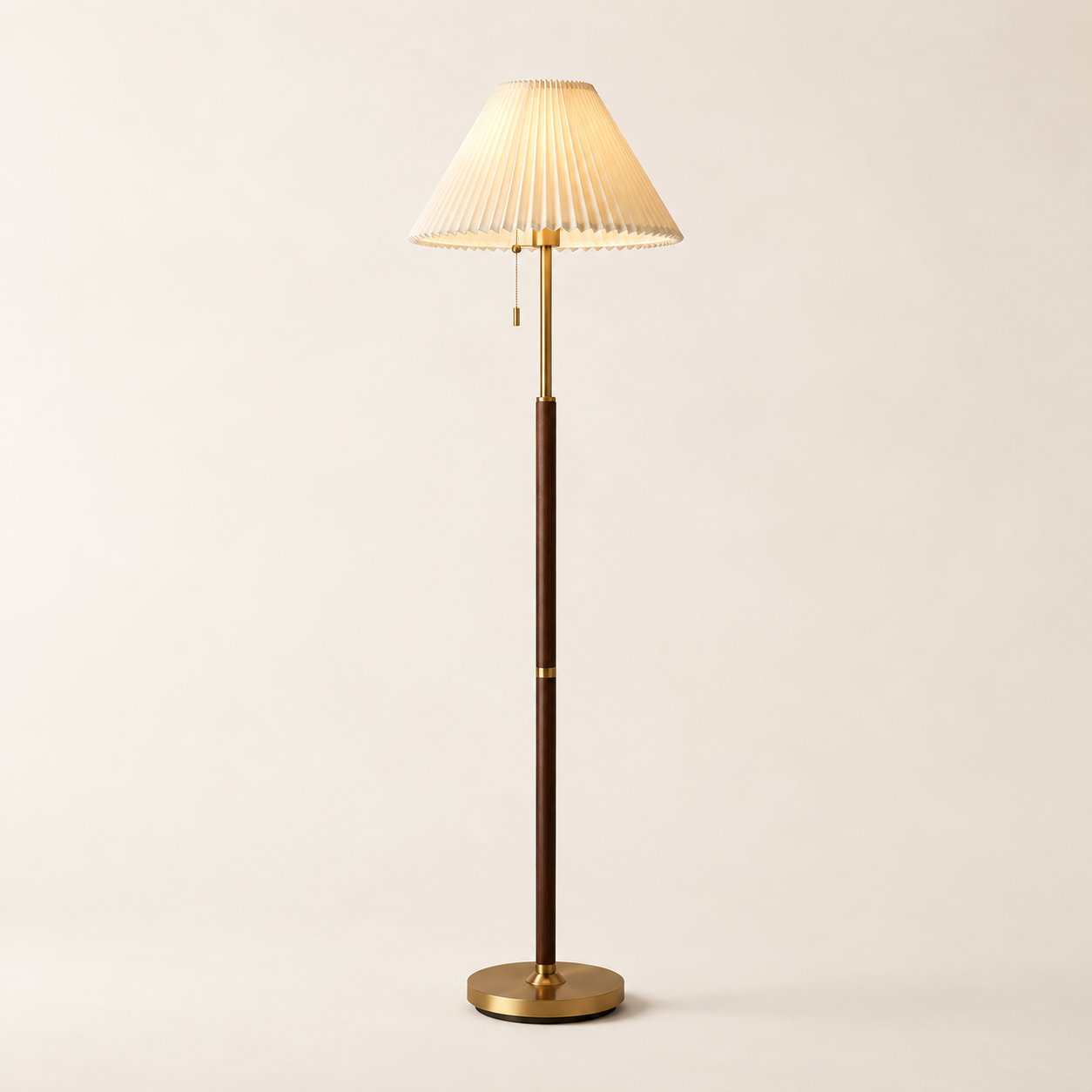Pleated Shade Brass & Walnut Floor Lamp