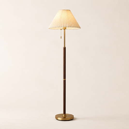 Pleated Shade Brass & Walnut Floor Lamp