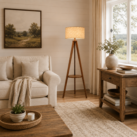 Walnut Tripod Floor Lamp with Shelf & Pleated Fabric Shade
