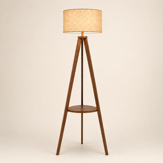 Walnut Tripod Floor Lamp with Shelf & Pleated Fabric Shade