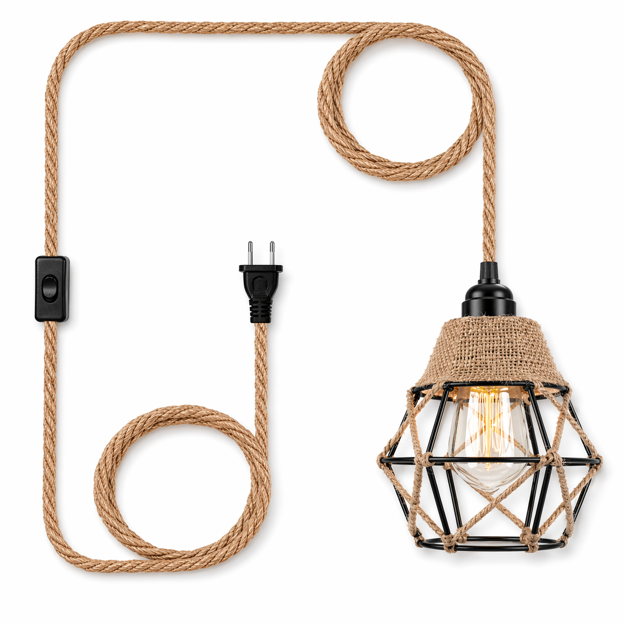 Jute Rope Diamond Cage Plug-In Pendant Light-3m Cord, E26 Socket (Bulb Not Included)