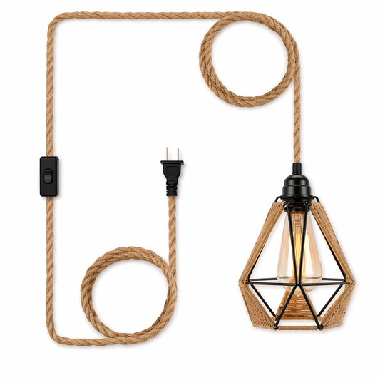 Jute Rope Prism Cage Plug-In Pendant Light-3m Cord, E26 Socket (Bulb Not Included)