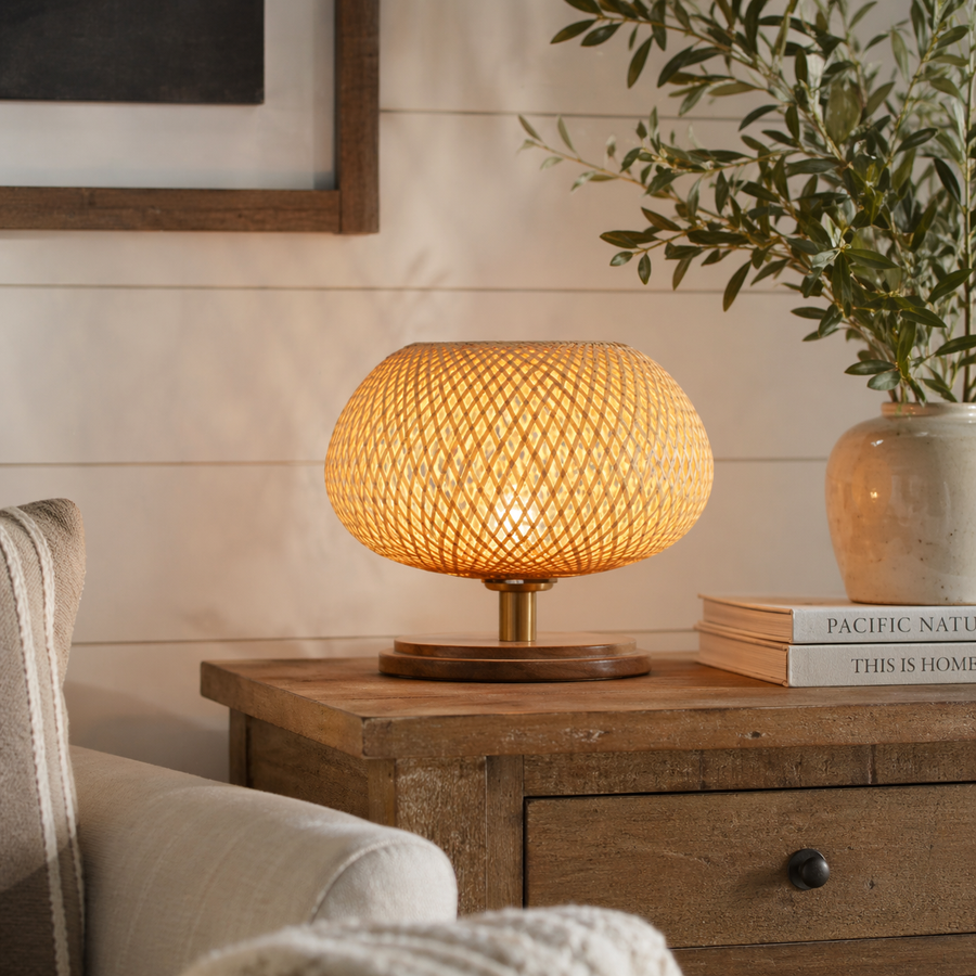Bamboo Weave Table Lamp-Wood Base (2 Shade Shapes)