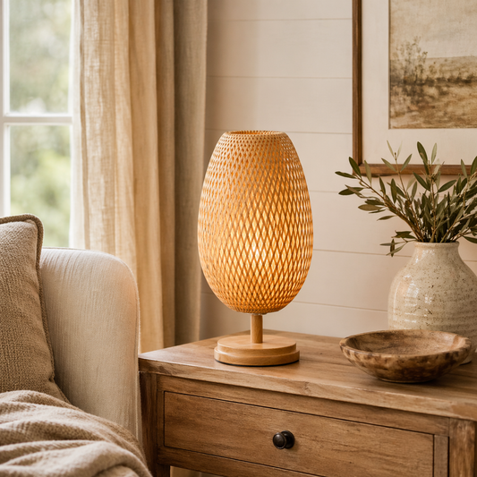 Bamboo Weave Table Lamp-Wood Base (2 Shade Shapes)