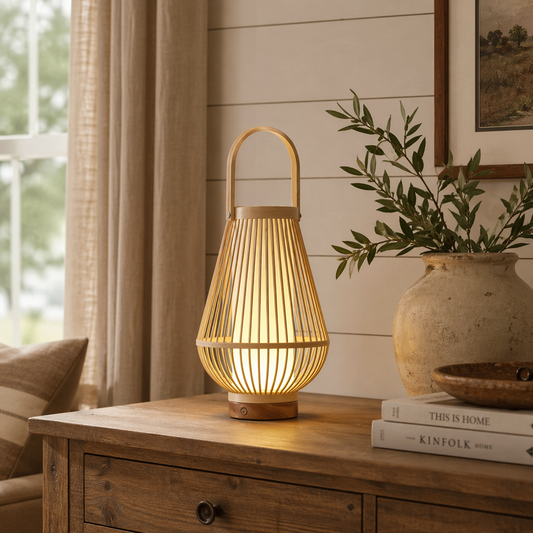 Bamboo Handle Lantern Table Lamp with Soft Diffuser