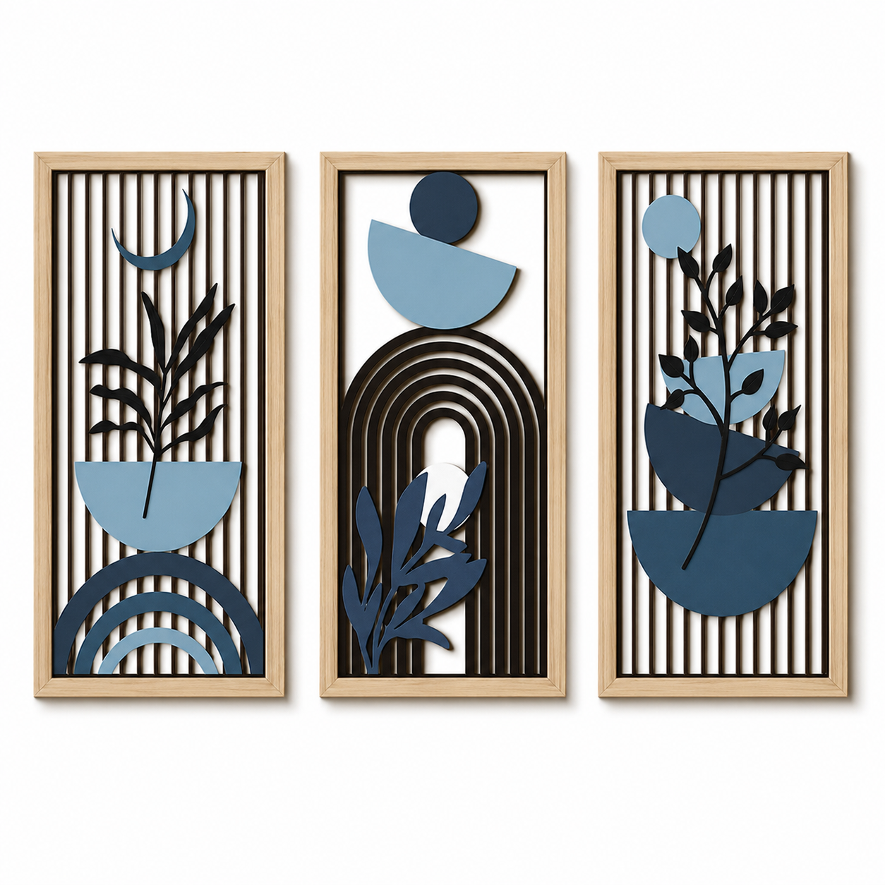 Designer Openwork Triptych Wall Art (Set of 3)-Wood-Look Framed Statement Panels, 32.6in x 16.54in