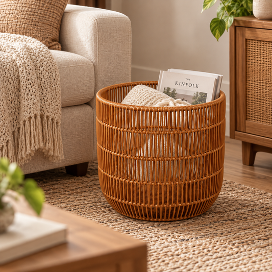 Cognac Faux Rattan Tapered Round Floor Basket