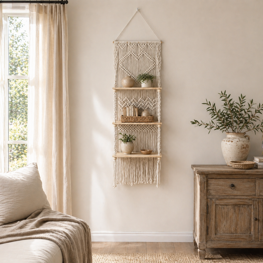 Boho Wall Decor That Actually Displays-A 3-Tier Macrame Hanging Shelf