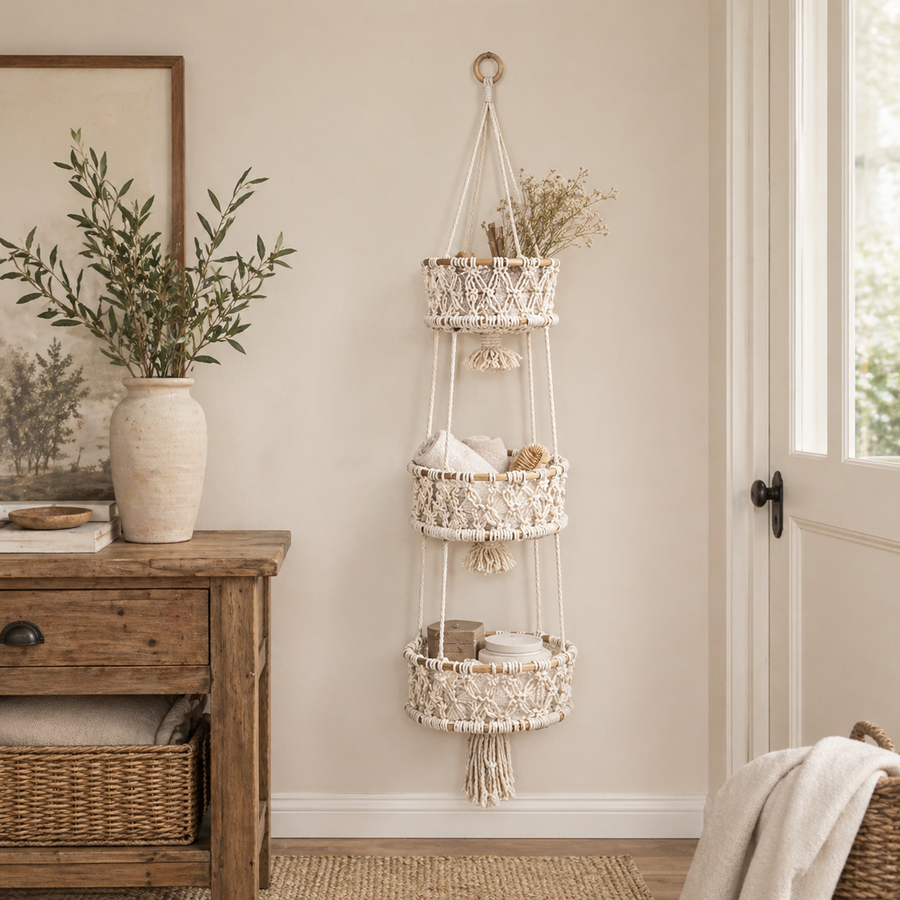 Vertical Hanging Storage, Boho Style-A Cotton Rope Woven 3-Tier Basket
