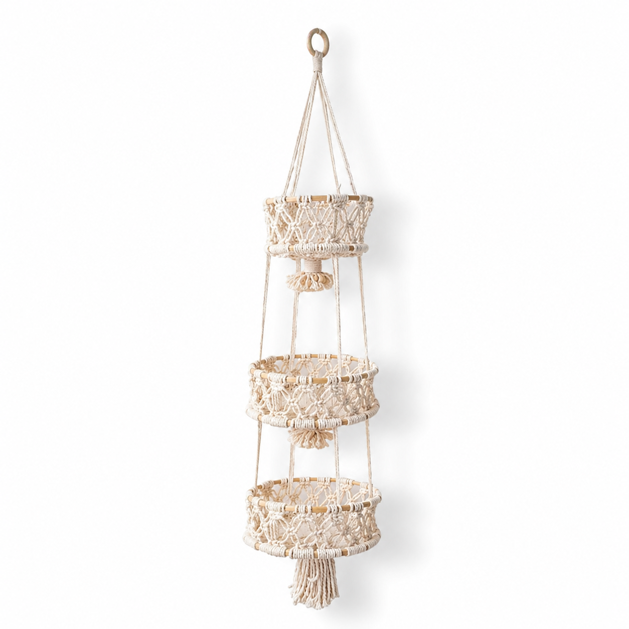 Vertical Hanging Storage, Boho Style-A Cotton Rope Woven 3-Tier Basket