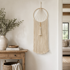 Dreamcatcher-Inspired Macrame-A Clean Hoop Silhouette with Long Airy Fringe