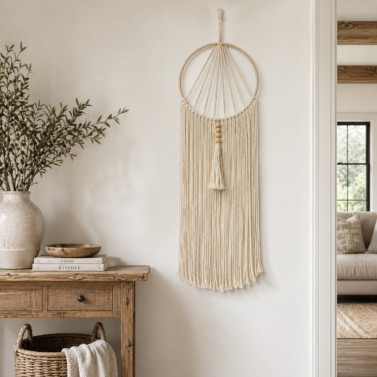 Dreamcatcher-Inspired Macrame-A Clean Hoop Silhouette with Long Airy Fringe