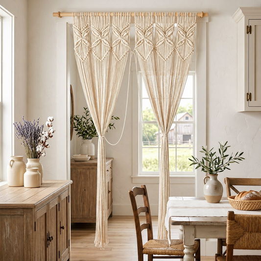 Textured Room Divider-Macrame Curtain Panel with Included Wood Rod