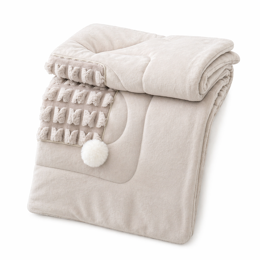 A Chic Pillow That Unfolds Into a Throw-Textured Grid + Pom-Poms for Instant Style
