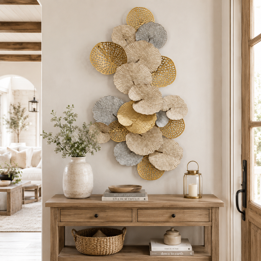 Lotus Leaf Metal Wall Sculpture, Oversized Gold & Blue Botanical Wall Art