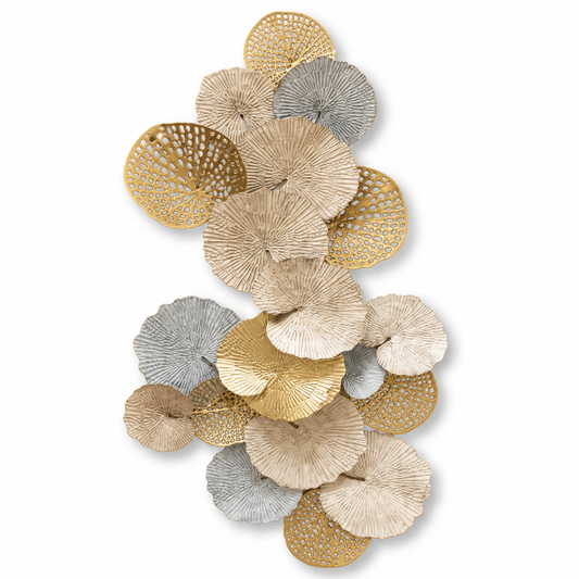 Lotus Leaf Metal Wall Sculpture, Oversized Gold & Blue Botanical Wall Art