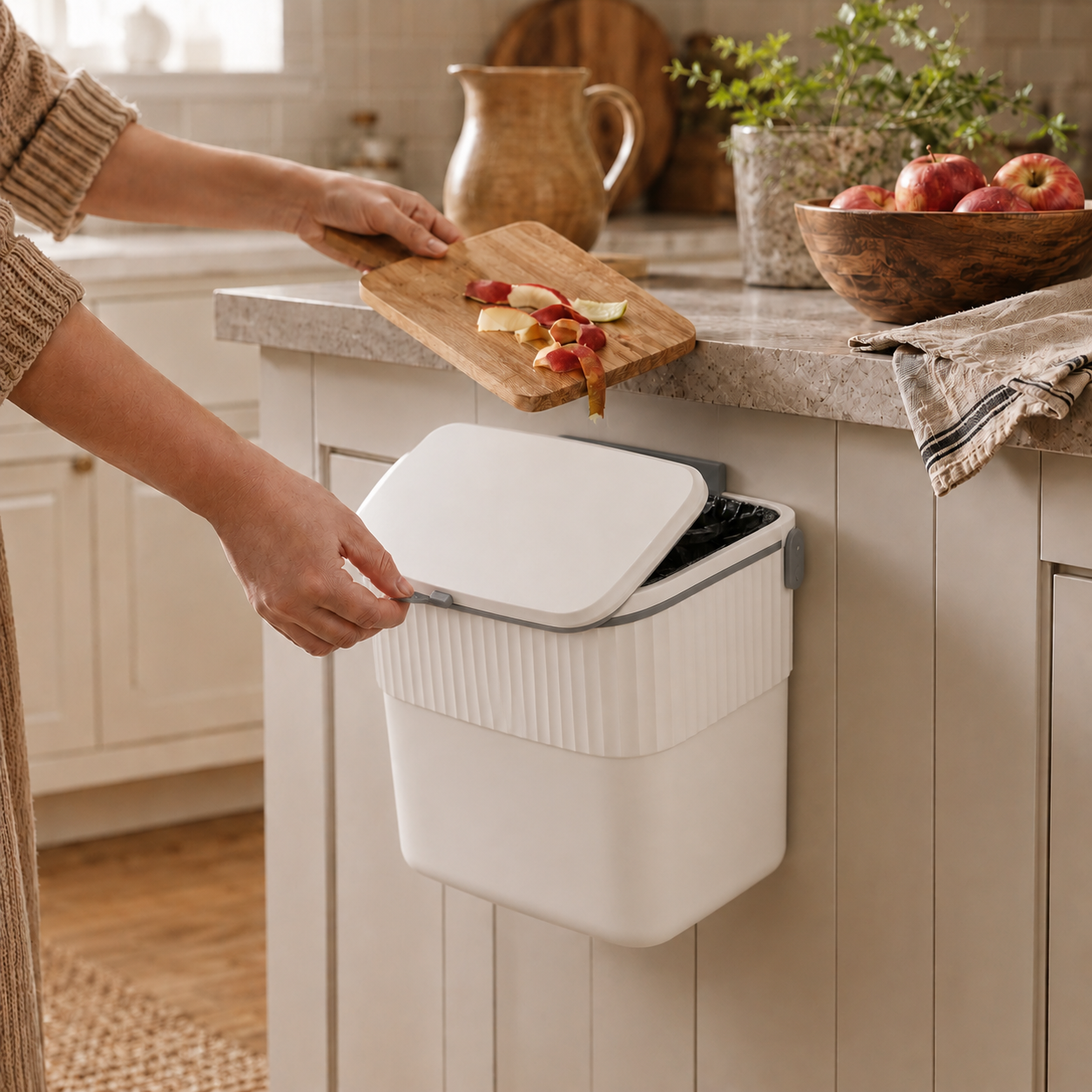 7L Wall-Mount Kitchen Waste Bin with Sliding Lid (No-Drill, White)