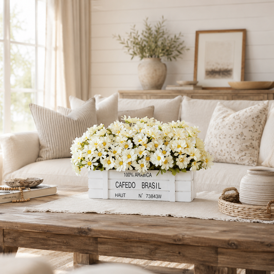 Ivory Daisy Fence Arrangement in White Wood Planter