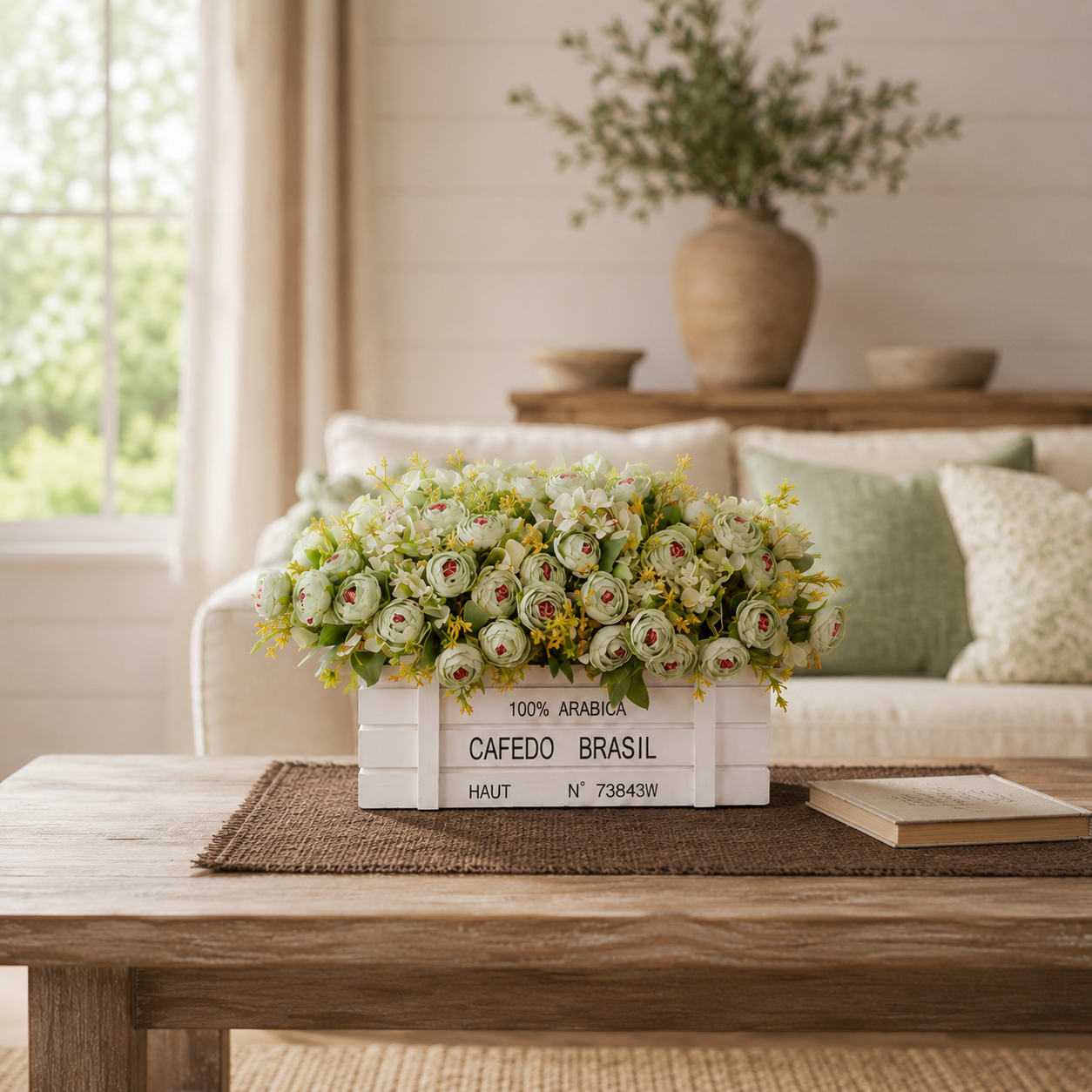 Sage Garden Fence Arrangement in White Wood Planter
