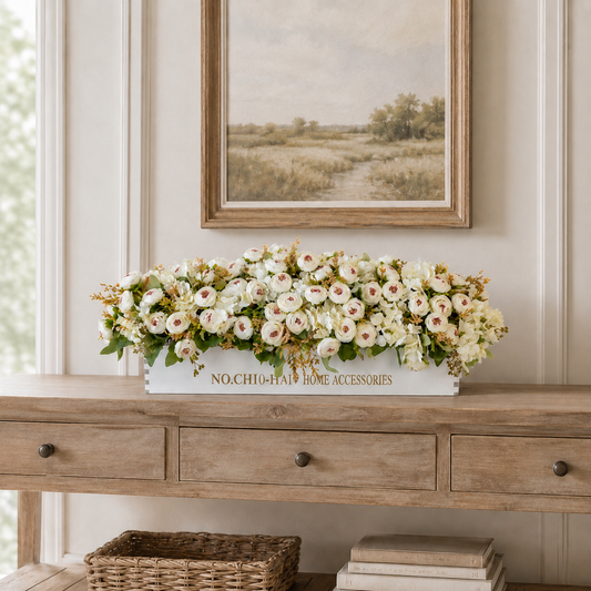 Vintage Tea Rose Fence Arrangement in Wooden Fence Planter-White (24in)