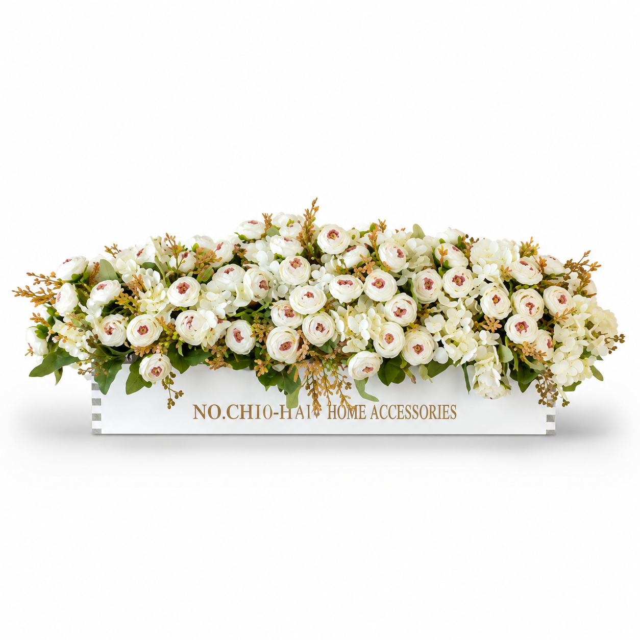 Vintage Tea Rose Fence Arrangement in Wooden Fence Planter-White (24in)
