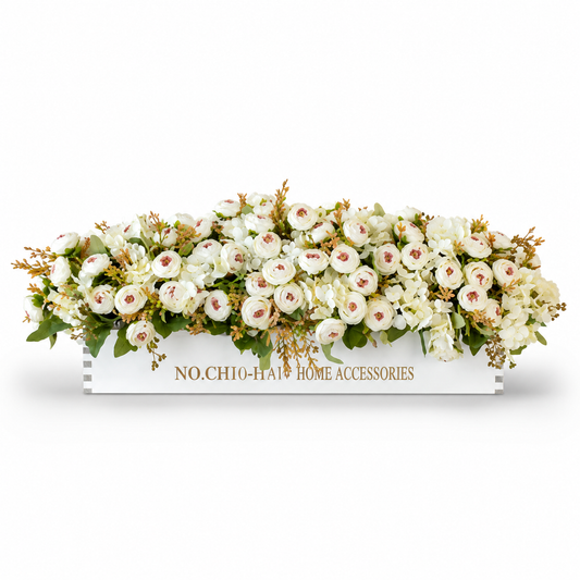 Vintage Tea Rose Fence Arrangement in Wooden Fence Planter-White (24in)