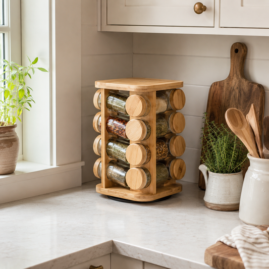 Bennett 12-Jar Bamboo Spice Rack Carousel with Glass Jars