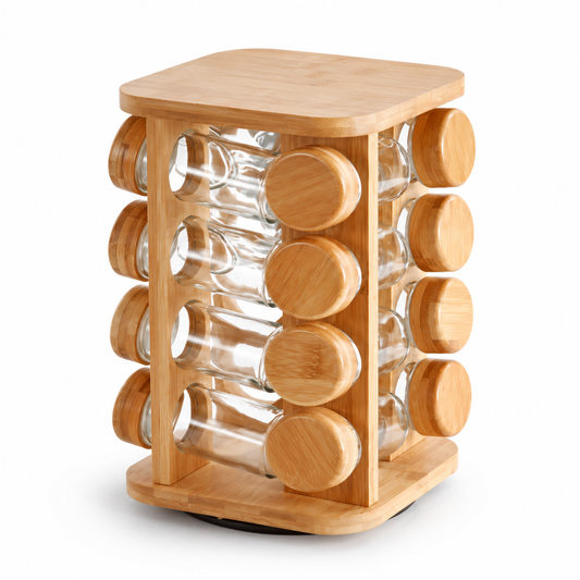 Bennett 12-Jar Bamboo Spice Rack Carousel with Glass Jars