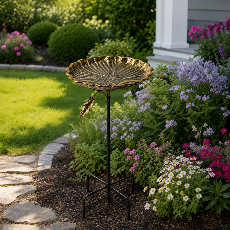 Antique Gold Lotus Bird Bath Stake for Garden Decor