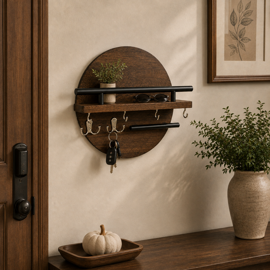 Walnut Wall Key Holder Shelf Organizer with Hooks