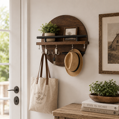 Walnut Wall Key Holder Shelf Organizer with Hooks