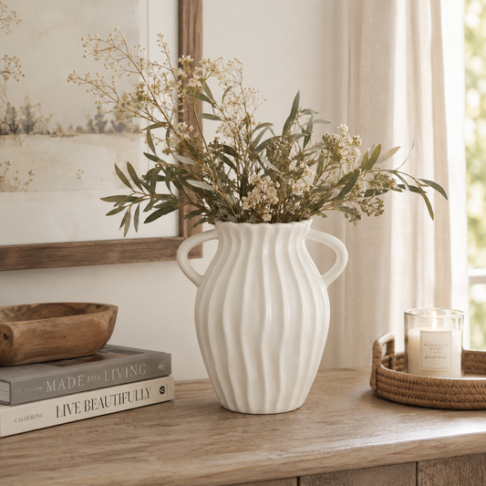 Ivory Ripple Ceramic Vase with Dual Handles