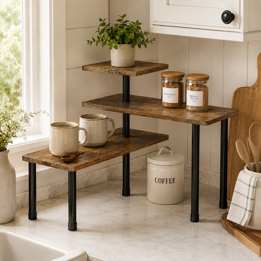 Rustic 3-Tier Countertop Riser Shelf for Kitchen Counter Organization