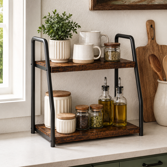 Rustic 2-Tier Countertop Shelf Organizer with Side Frame