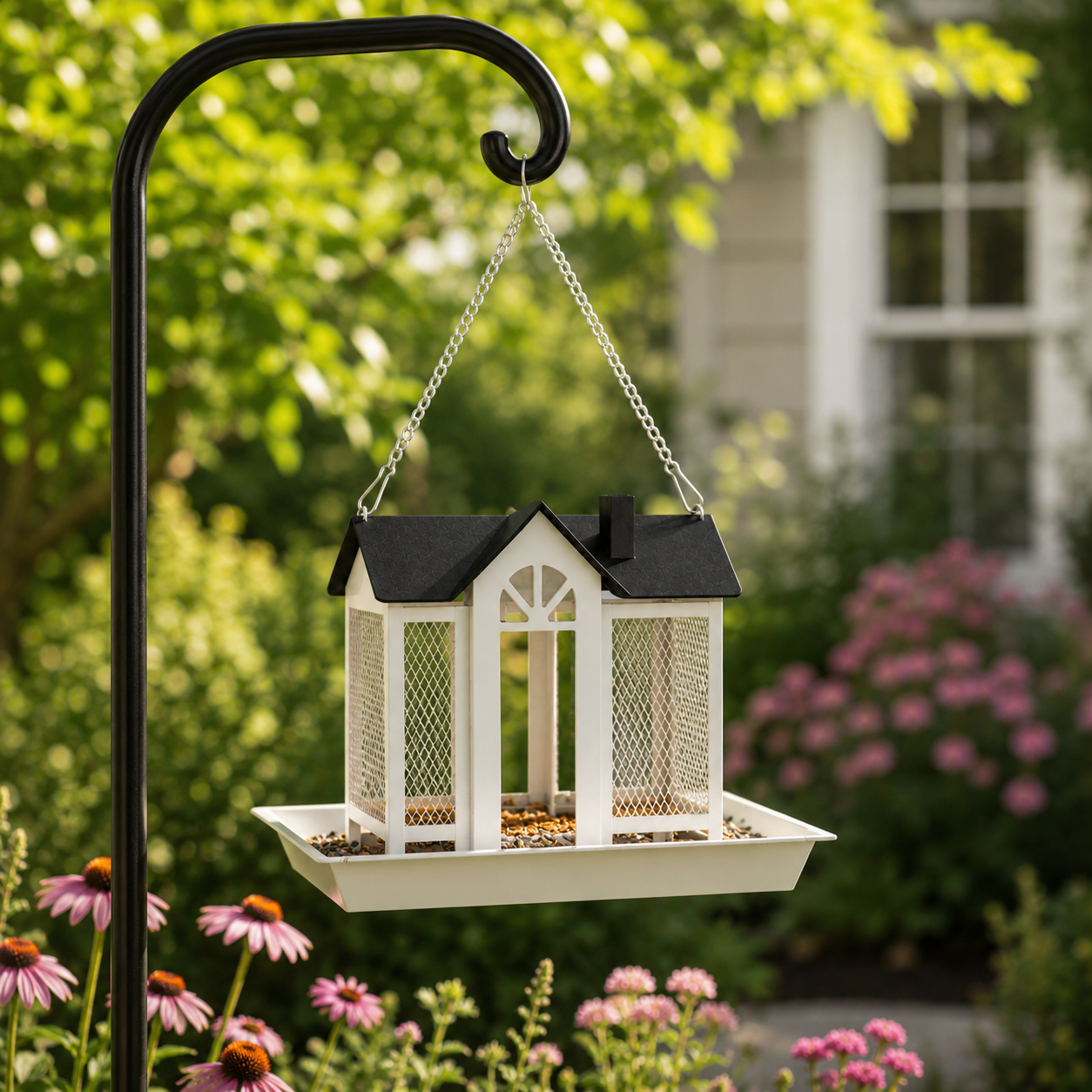 House-Style Hanging Bird Feeder with Seed Tray (Metal)