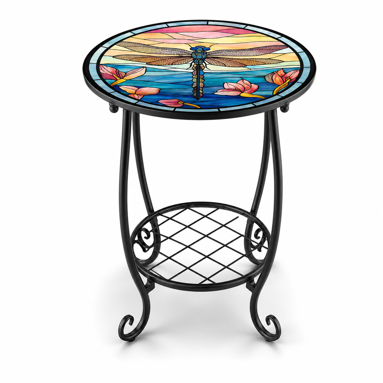 Decorative Round Side Table with Patterned Top (5 Designs)