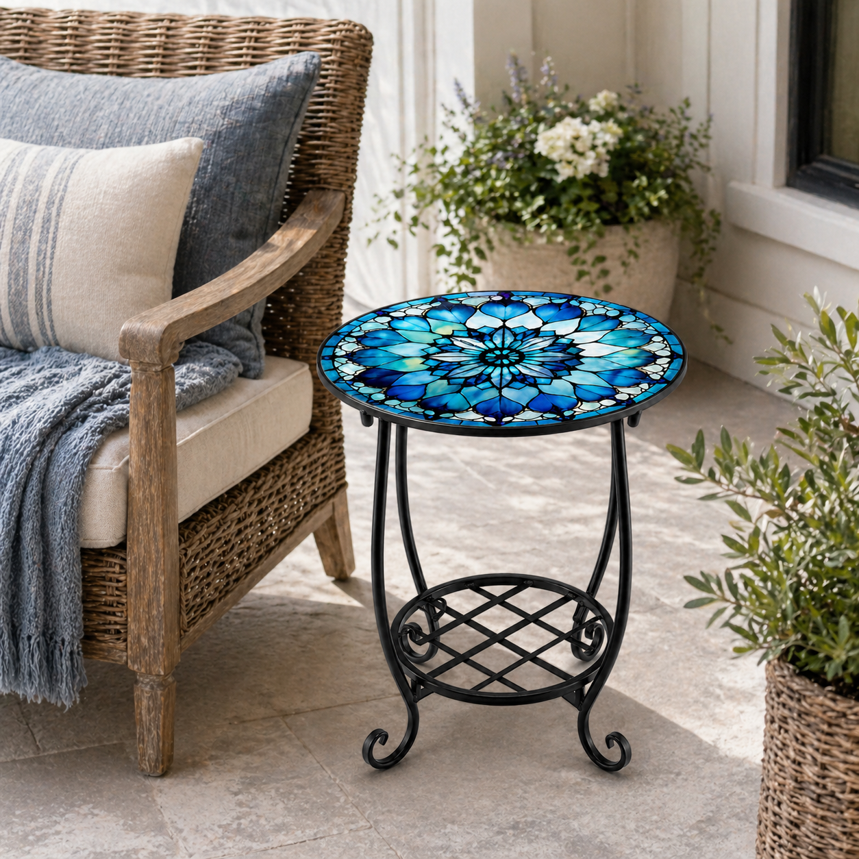 Decorative Round Side Table with Patterned Top (5 Designs)