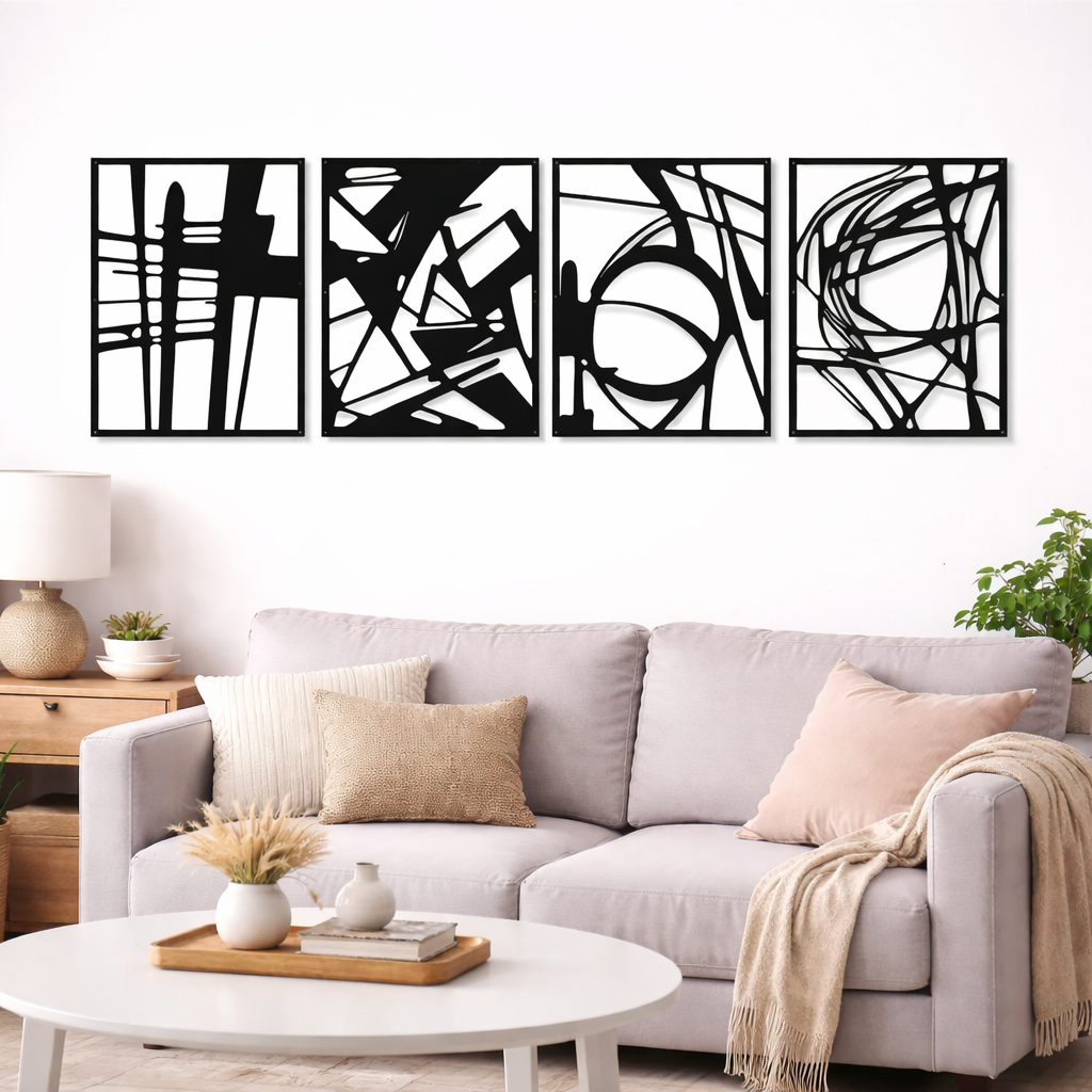 Linear Grid Quartet-Black Framed Abstract Metal Wall Art (Set of 4)