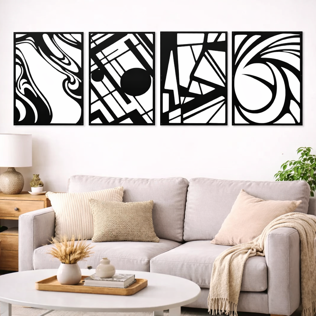 Arc Flow Quartet-Black Framed Abstract Metal Wall Art (Set of 4)