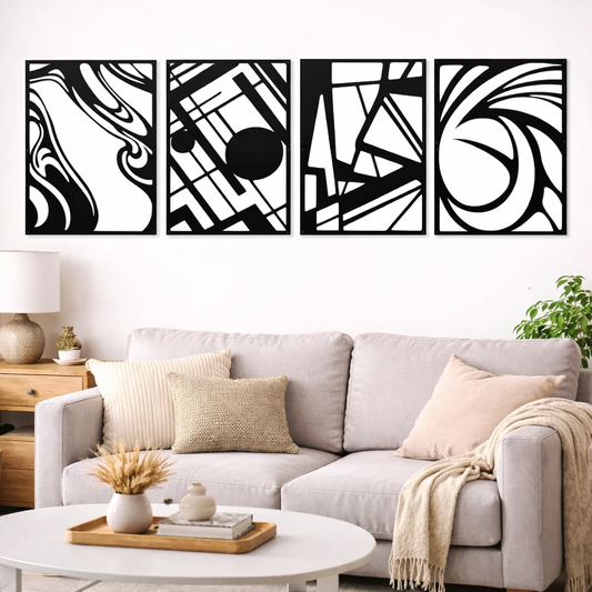 Arc Flow Quartet-Black Framed Abstract Metal Wall Art (Set of 4)