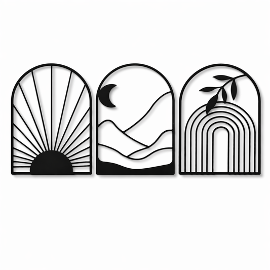 Arched Minimal Trio-Black Framed Abstract Metal Wall Art (Set of 3)