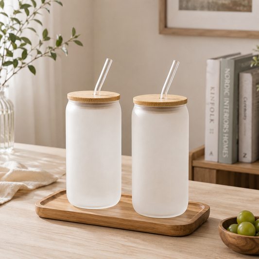 Frosted Glass Cup Set of 2-16oz with Bamboo Lids & Glass Straws