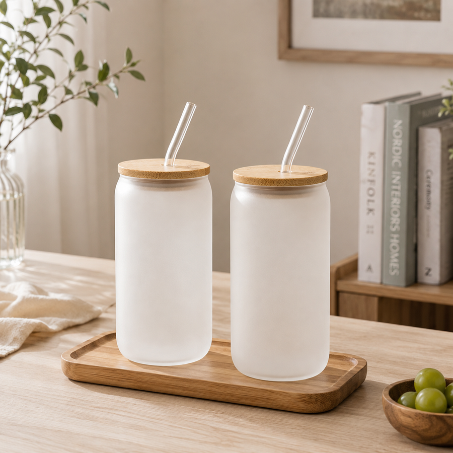 Frosted Glass Cup Set of 2-16oz with Bamboo Lids & Glass Straws