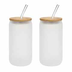 Frosted Glass Cup Set of 2-16oz with Bamboo Lids & Glass Straws