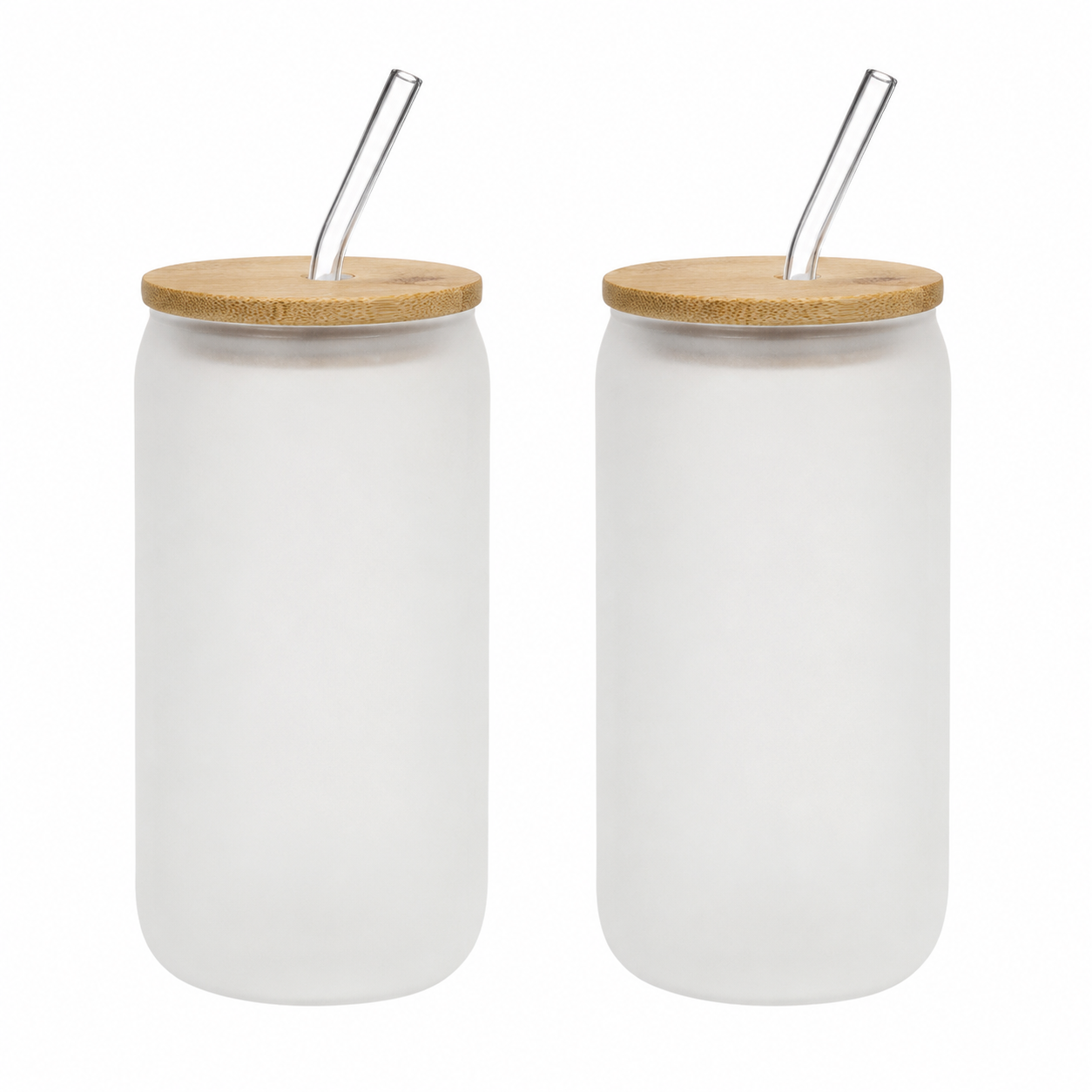 Frosted Glass Cup Set of 2-16oz with Bamboo Lids & Glass Straws